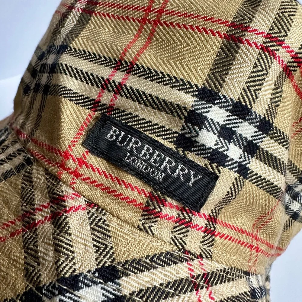 Burberry Beige Plaid Bucket Hat with Black & Red Accents